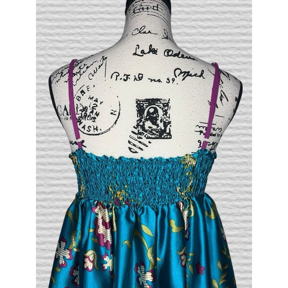 Vtg Y2K Wet Sea Satin Babydoll Mini Slip Dress MED Teal Purple Floral Smocked - Picture 5 of 11